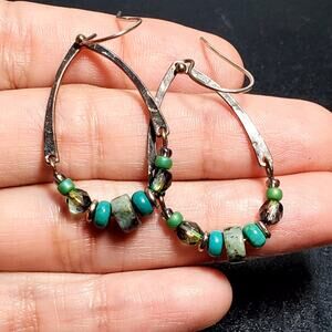 Sterling Silver Elongated Hoop Dangle Turquoise and Faceted Glass Bead Earrings